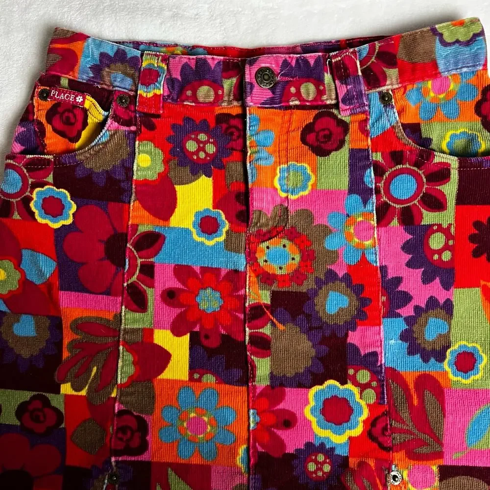 The Children's Place Vintage Y2K Corduroy A-Line Mod SKIRT Sz 10 Stretch Floral